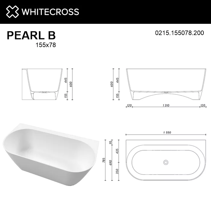 Ванна из искусственного камня Whitecross Pearl 155х78 0215.155078.200