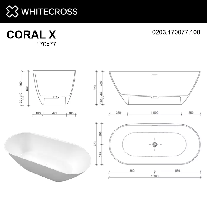 Ванна из искусственного камня Whitecross Coral 170х77 0203.170077.100