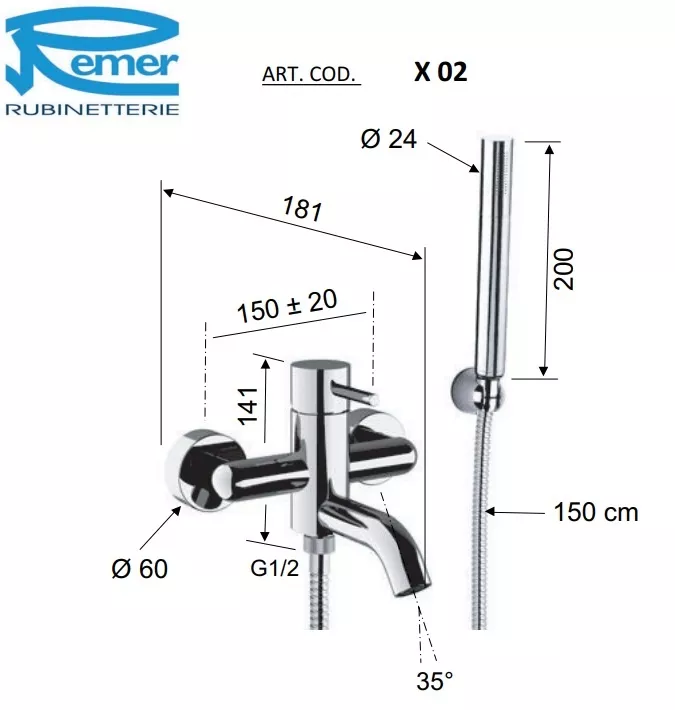 Смеситель для ванны Remer X Style X02VO